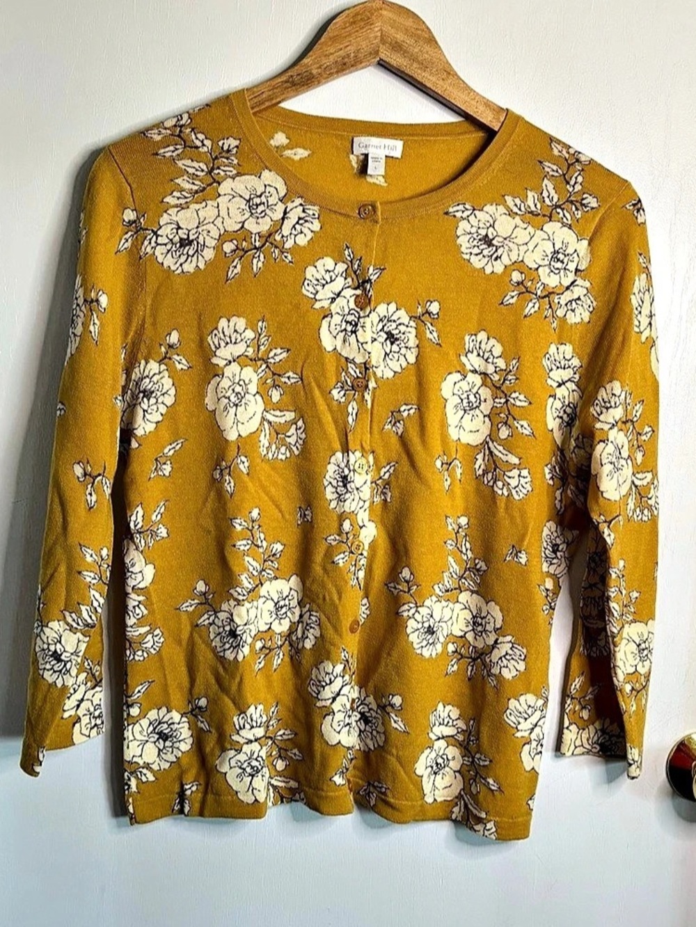 Garnet Hill Sz L Signature Eco Merino Cardigan Floral Merino Wool Boho Preppy